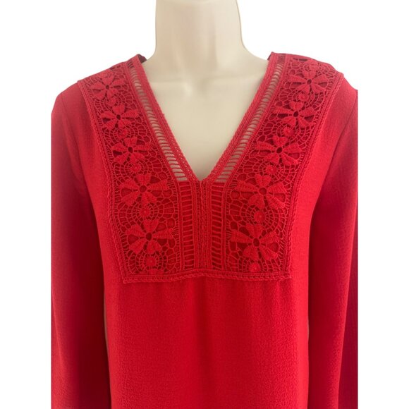 Max Studio Red Crocheted V-Neck Wide Sleeve Dress Size S Christmas Holiday Party - Picture 2 of 8